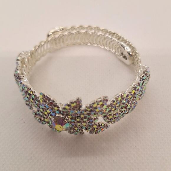 Statement Cuff Bracelet AB Rhinestones Silver Tone - Picture 2 of 4